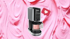 The viral Ninja Creami is so cute. Here is the black appliance with pink ice cream in the container, with a hot pink ice cream background behind it and a like graphic to the right of it