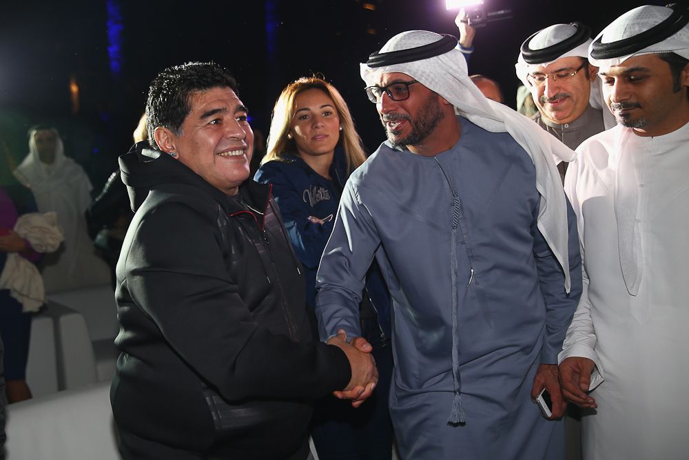 Football legend Diego Maradona meets locals during the team presentations ahead of the Tour of Dubai