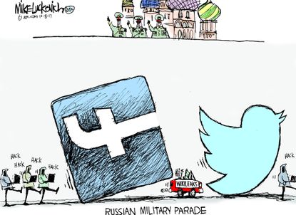 Political cartoon World Russia election hacking Facebook Twitter