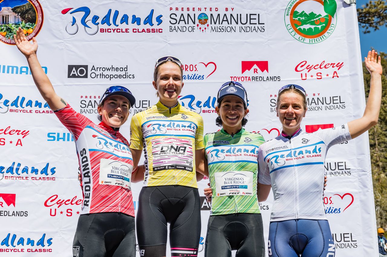 Jerseys after stage 2: Emma Langley (Virginia's Blue Ridge Twenty24) in red QOM jersey, Nadia Gontova in yellow (DNA Pro Cycling), and Best Amateur Anna Dorovskikh (Orion Racing) in white