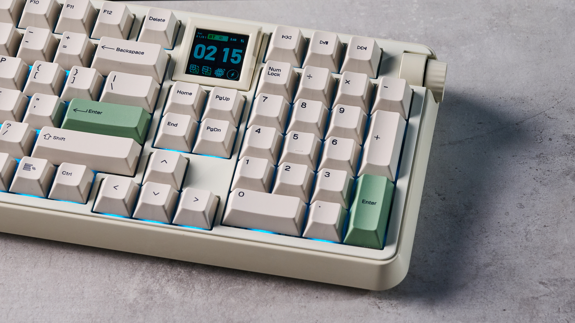 A white Epomaker RT100 Pro wireless mechanical keyboard