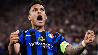 Lautaro Martinez of FC Internazionale celebrates during a UEFA Champions League 2024/25 knockout phase quarter final first leg football match in 2025