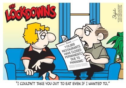 Editorial Cartoon U.S. covid lockdowns lockhorns restaurant closings