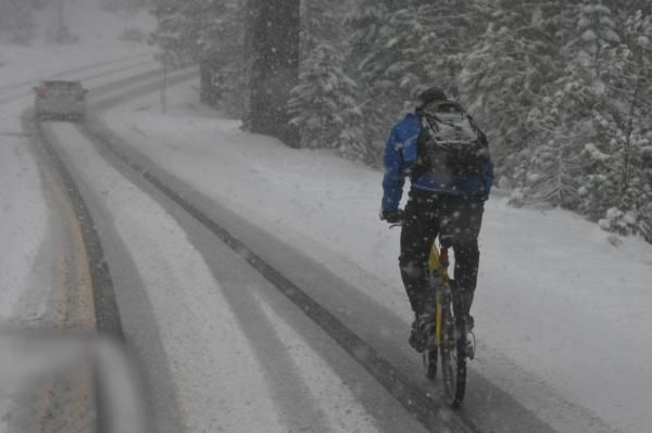 At least one local rider tried out the slick roads on his mountain bike