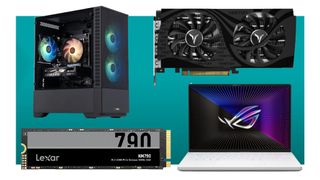 The Spring Sales deals, including a gaming PC, gaming laptop, a Lexar SSD and a Yeston RX 6650 XT GPU on a green background
