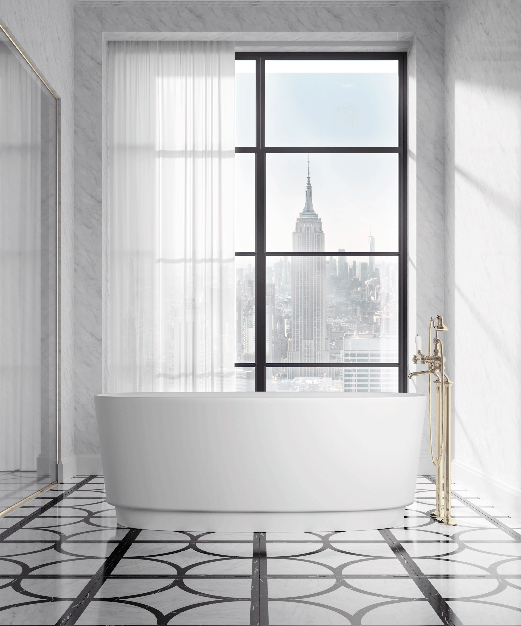 Monochrome bathroom with bold black and white patterned marble floor