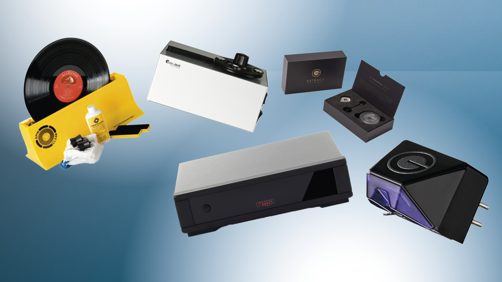 A collection of vinyl and turntable accessories, including a phono stage, cartridge, and several cleaning kits