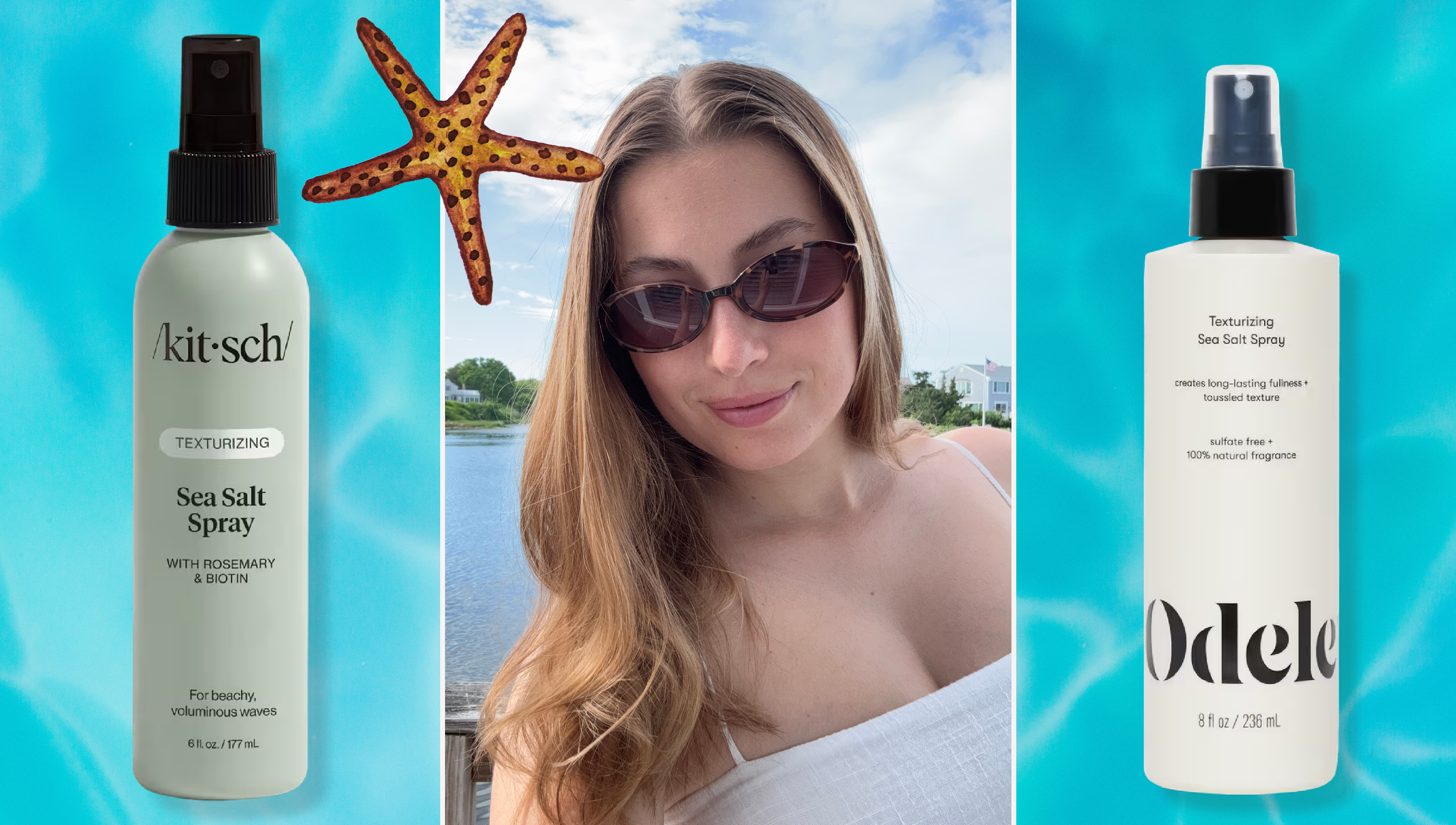 a girl with tousled brown wavy hair in front of a body of water and framed on top of water texture with two sea salt sprays, the left a green spray container and the right a white spray container
