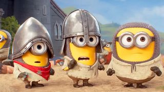 Three yellow beings wearing medieval costumes in Minions & Monsters