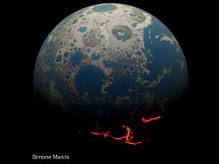 An artist's illustration of the Hadean Earth, when the rock fragment was formed. Impact craters, some flooded by shallow seas, cover large swaths of the Earth's surface. The excavation of those craters ejected rocky debris, some of which hit the moon.