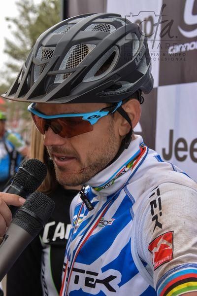 Race winner Periklis Ilias is interviewed