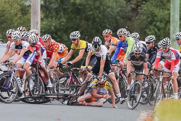 "Excuse me Pearson", GPM-Wilson Racing's Jake Magee tries to get around the fallen race leader Joel Pearson