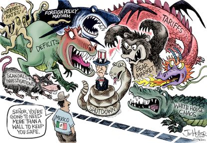 Political cartoon U.S. Uncle Sam Mexico border wall Trump problems