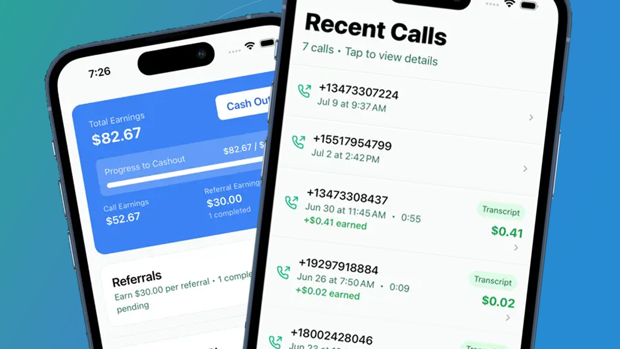 Two phones on a green and blue background showing the Neon Mobile app