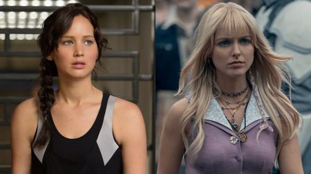 From left to right: Jennifer Lawrence as Katniss in Catching Fire and Mckenna Grace as Maysilee in Sunrise on the Reaping. 