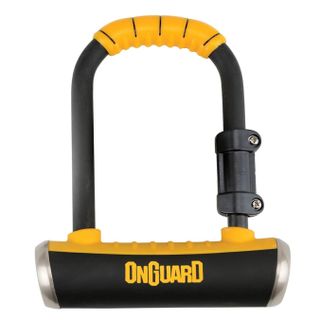 Black and Silver, with the Yellow OnGuard logo and frame protection, the 8006 pitbull mini is Sold Secure diamond-rated bike lock. 