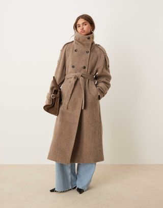 Asos Design Brushed Funnel Neck Trench Coat in Mushroom