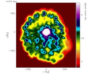 This image depicts a stellar outburst observed in the simulations of V1309 Sco, which scientists suspect was a binary "common-envelope event."