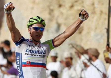 Peter Sagan (Liquigas-Cannondale) celebrates winning stage two of the Tour of Oman