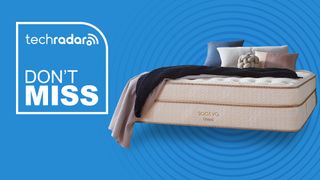 A Saatva Classic mattress against a blue background with a badge saying "DON'T MISS"