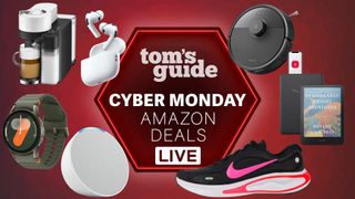 a red background cyber monday amazon deals badge with robot vacuum, smartwatch, nike shoes, kindle, airpods, and coffee machine