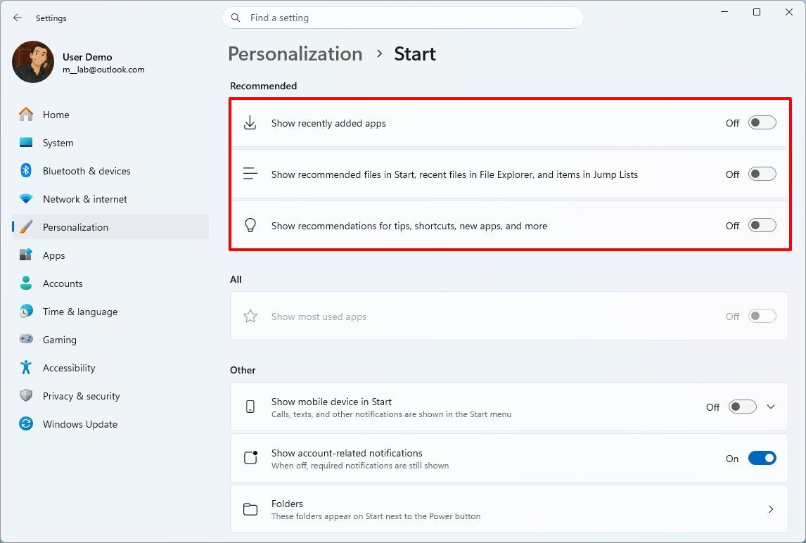 Windows 11 Settings on the Start page showing the Recommended settings disabled.