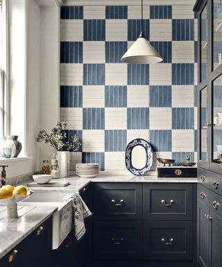 blue and white tiled kitchen