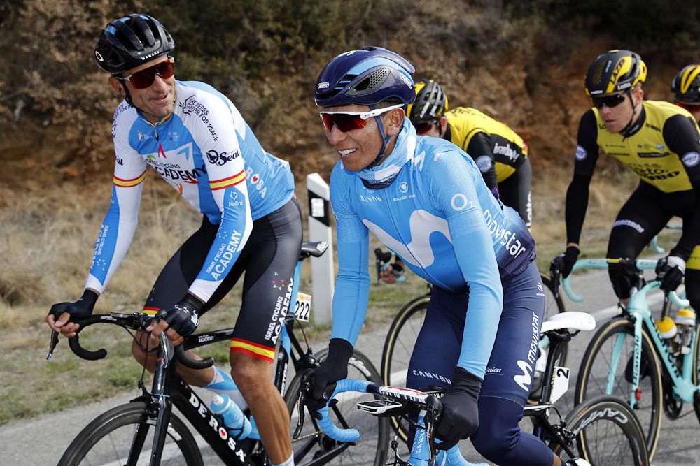 Israel Cycling Academy's Ruben Plaza chats with Movistar's Nairo Quintana