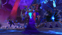 A raid boss in World of Warcraft: Midnight - an imposing void creature decked in armour, surrounded by a fleet of voidwalkers in front of a yawning dark portal.