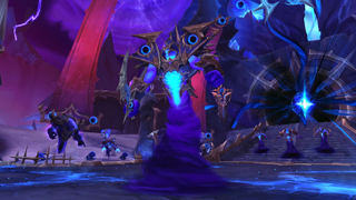 A raid boss in World of Warcraft: Midnight - an imposing void creature decked in armour, surrounded by a fleet of voidwalkers in front of a yawning dark portal.