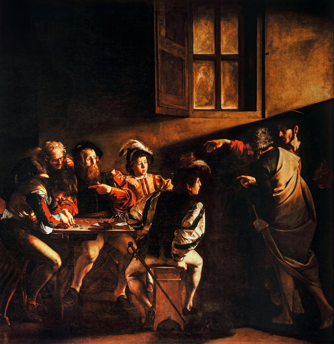 Caravaggio’s The Calling of St Matthew (1599–1600) hangs in the Cappella Contarelli at the Church of San Luigi dei Francesi, Rome.