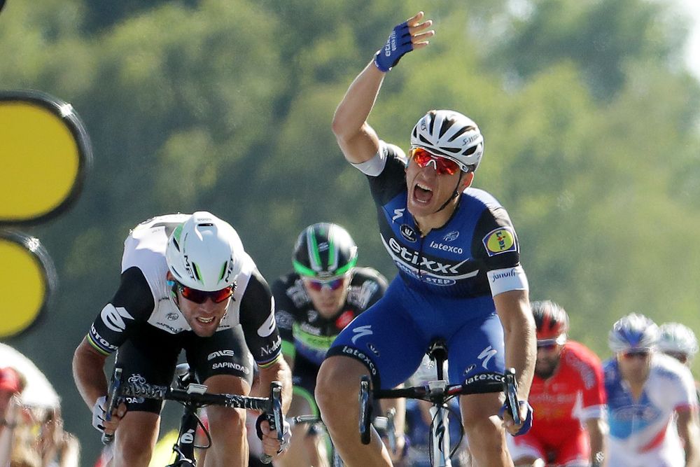 Marcel Kittel reacts to losing the stage 14 sprint to Mark Cavendish. Kittel unsuccessfully protested the finish.