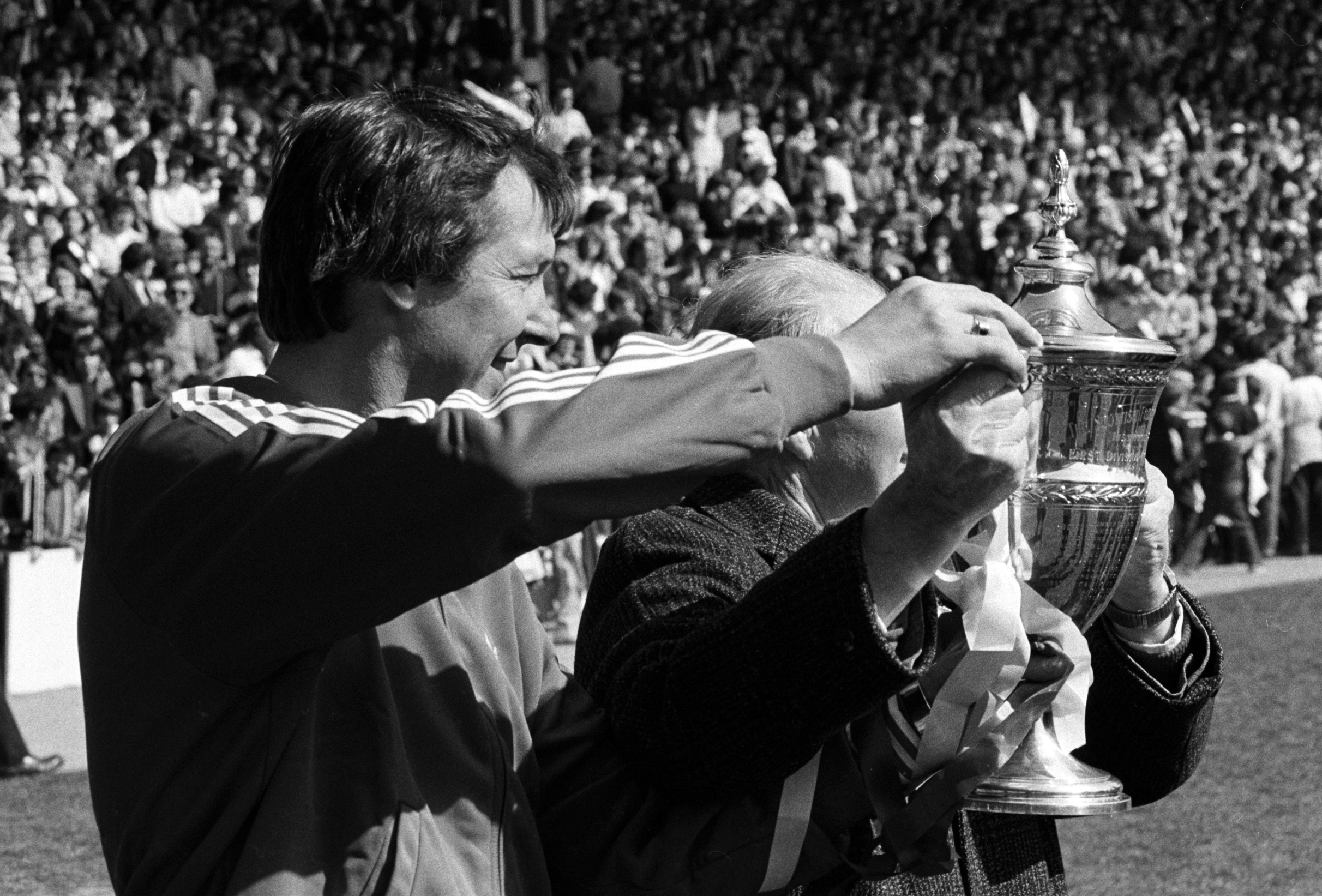Aberdeen manager Alex Ferguson with the Scottish Premier Division trophy at Pittodrie in May 1980.