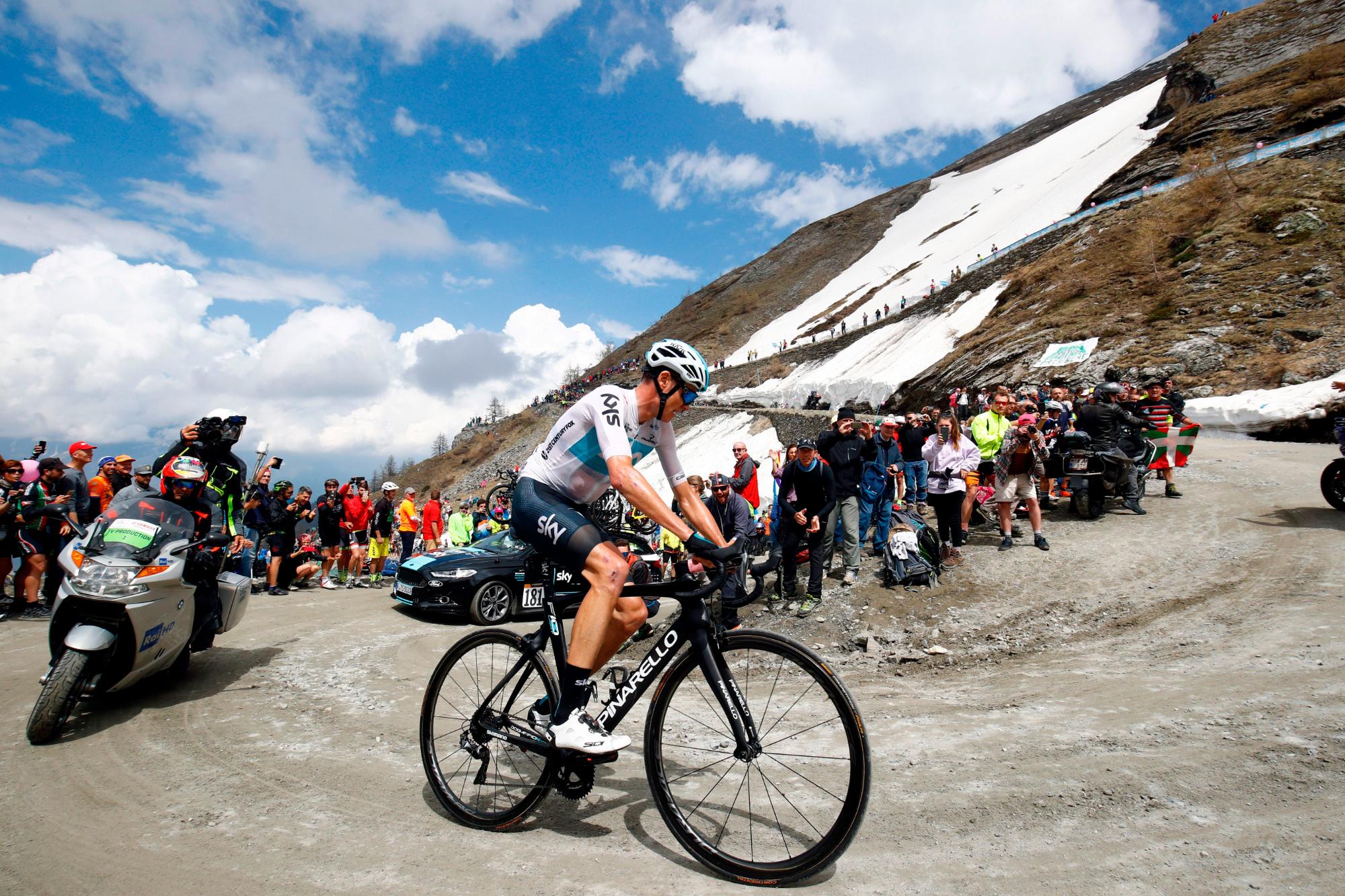 Christopher Froome (Team Sky) rides on the Colle delle Finestre during stage 19 of the 2018 Giro d'Italia. (Photo credit LUCA BETTINI/AFP via Getty Images)
