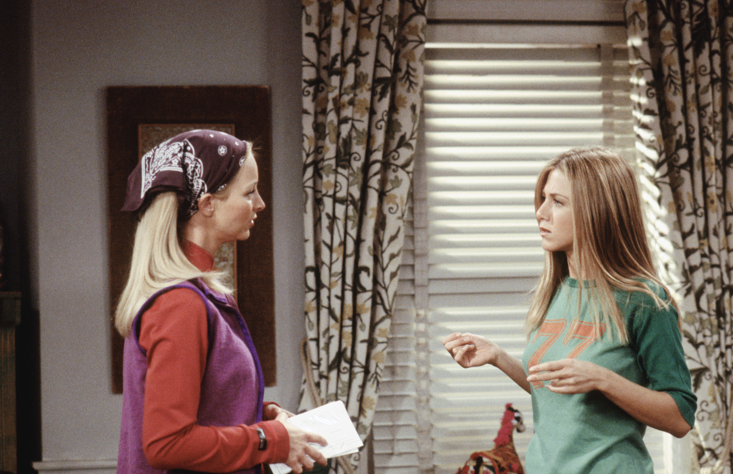 FRIENDS -- "The One Where Phoebe Runs" Episode 7 -- Aired 11/11/99 -- Pictured: (l-r) Lisa Kudrow as Phoebe Buffay, Jennifer Aniston as Rachel Green -- Photo by: Paul Drinkwater/NBCU Photo Bank