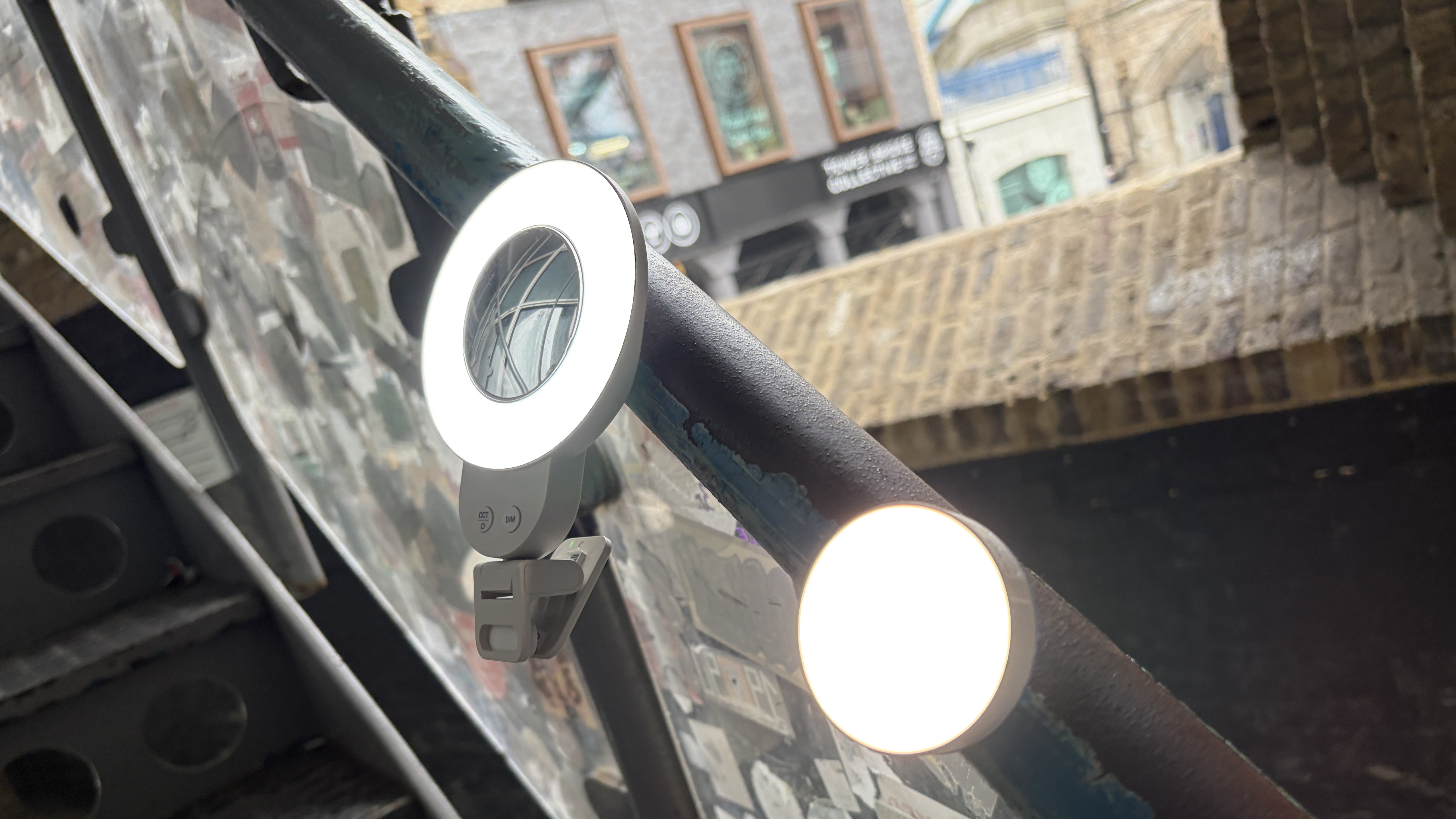 Shot of the LR30Bi and the smaller LR15Bi LED lights attached magnetically to a handle rail on location.