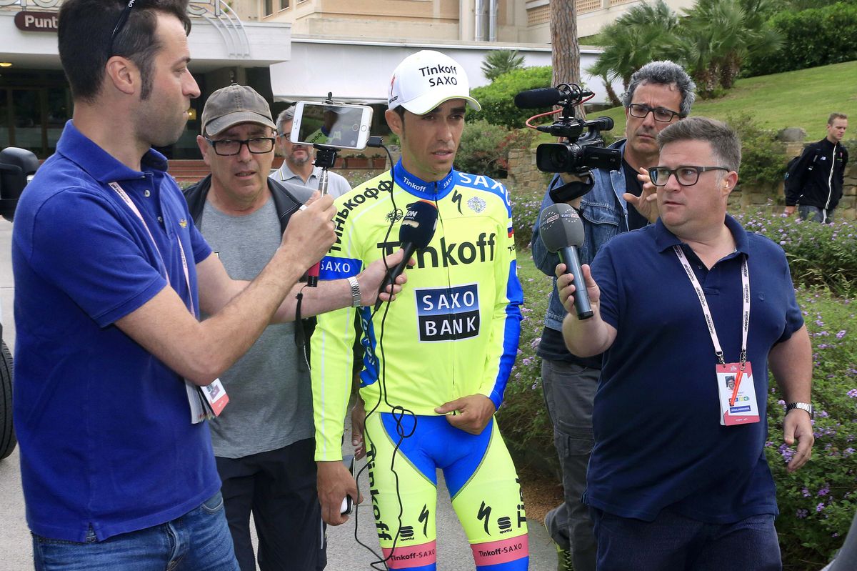 Alberto Contador (Tinkoff-Saxo) heads to the team bus to travel to Grosseto fro stage seven