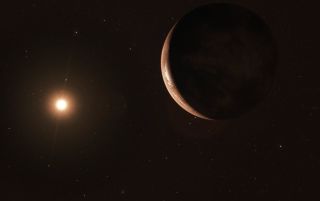 An artist's impression of the newfound "super-Earth" world and its host star, the red dwarf Barnard’s star.