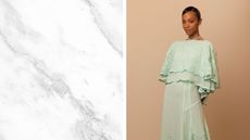 A piece of gray veined white marble next to a photo of Zoe Saldaña in a pastel green caped dress on a peach background