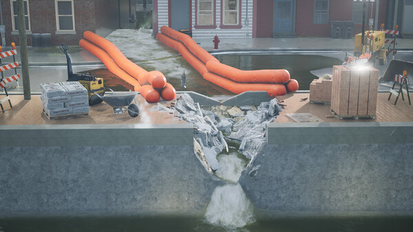 Screenshot from DrainSim game showing water physics in a flooded city