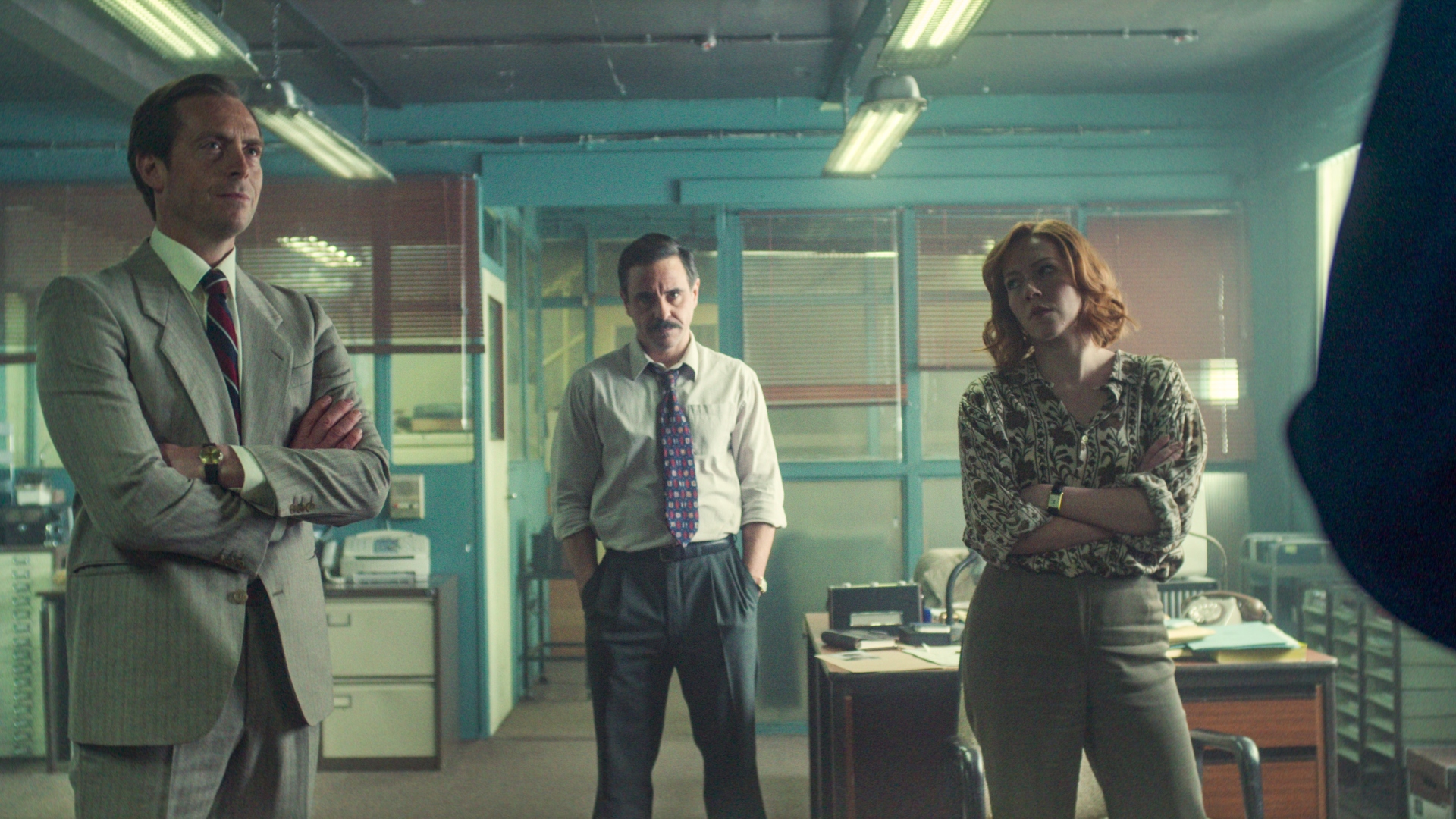 Lundy, Brightwell and Jennings stand in the office in The Gold season 2