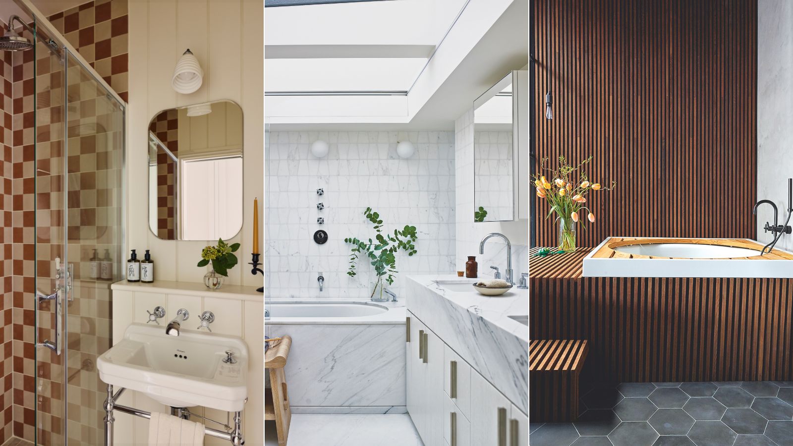 This collage showcases three distinct bathroom aesthetics, ranging from vintage charm to modern luxury. The left panel features a nostalgic, warm-toned space with cream-colored wood paneling, a classic pedestal sink, and a shower lined in brown and tan checkered tiles. The center panel presents a bright, airy sanctuary dominated by white marble, featuring a large soaking tub, a sleek vanity with brass hardware, and a skylight that floods the room with natural light. The right panel highlights a moody, contemporary design defined by dark vertical wood slatting on the walls and tub surround, contrasted against dark gray hexagonal floor tiles and minimalist black fixtures.