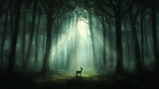 A serene, peaceful forest at dawn, with soft sunlight filtering through the leaves. The scene feels tranquil and calming, with a misty glow around the trees. A deer is standing in the centre, its head tilted towards the light, evoking a sense of quiet wonder.