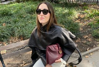 black jacket and white jeans outfit