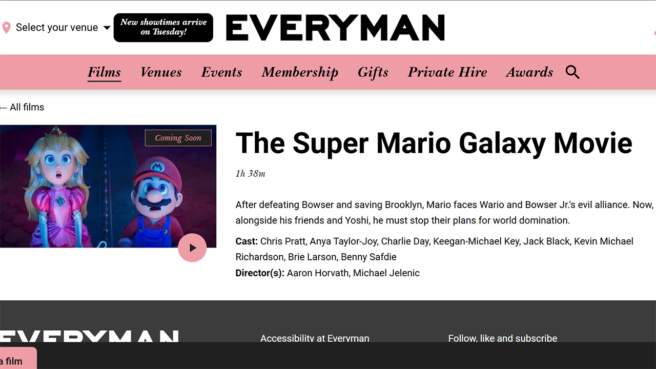 A screenshot of The Super Mario Galaxy Movie's story synopsis on the Everyman Cinema website