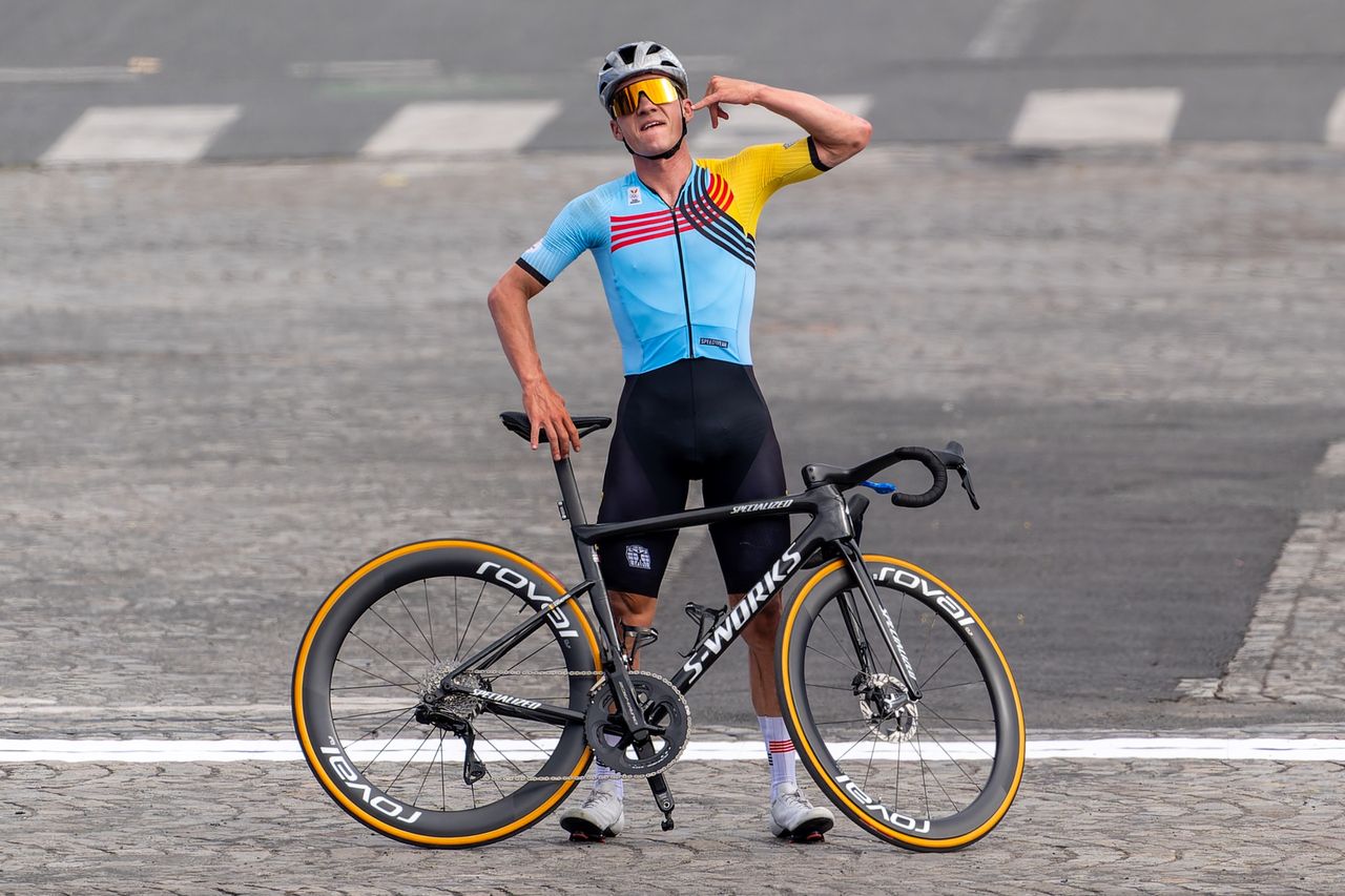Remco Evenepoel of Belgium celebrates after competing in the Men's Road Race during Day 8 of Cycling Road - Olympic Games Paris 2024 at Trocadero on August 3, 2024 in Paris, France. (Photo by Joris Verwijst/BSR Agency/Getty Images)
