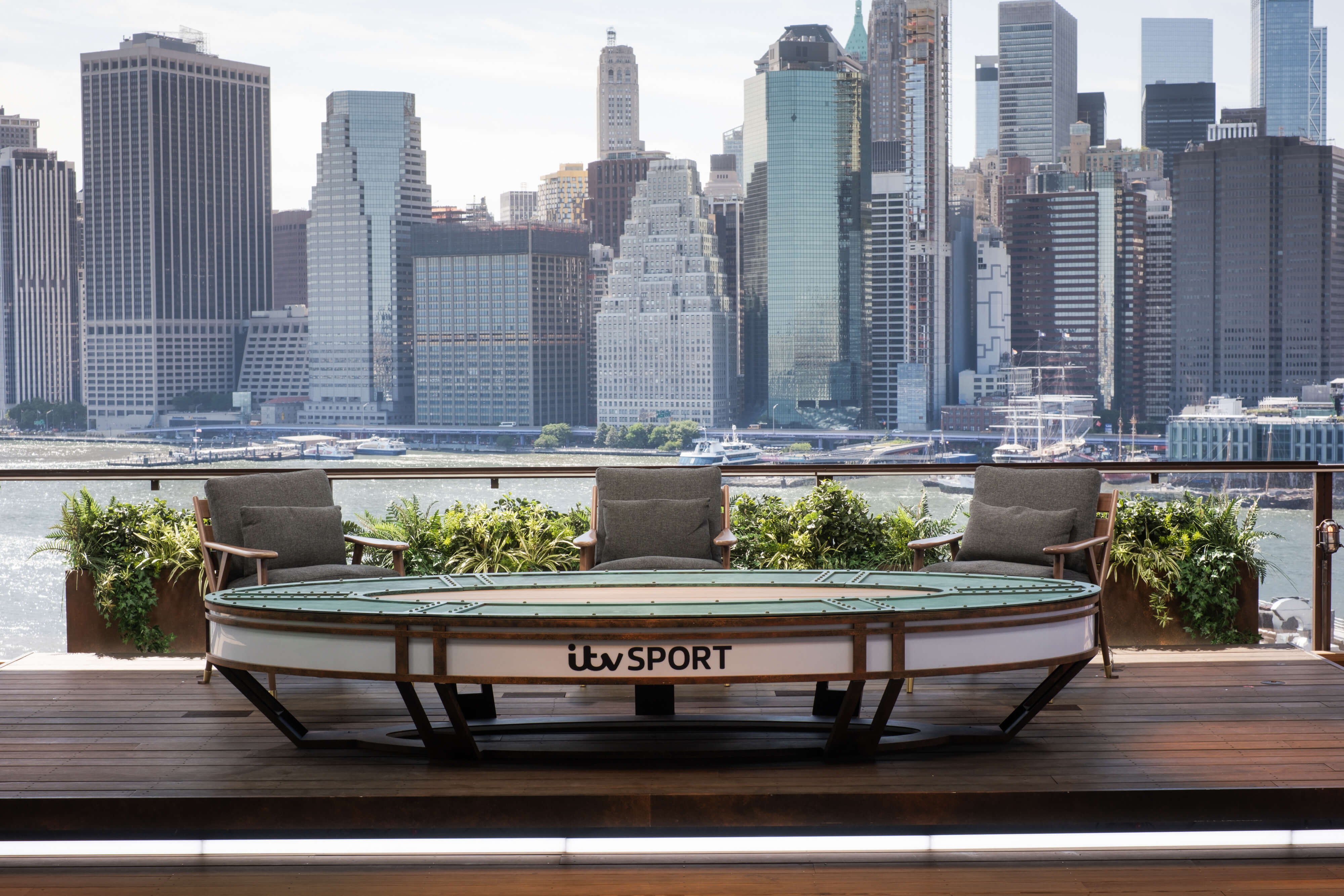 Shots of ITV's outdoor Brooklyn Studio at night and at day overlooking Manhattan without any pundits or presenters in shot