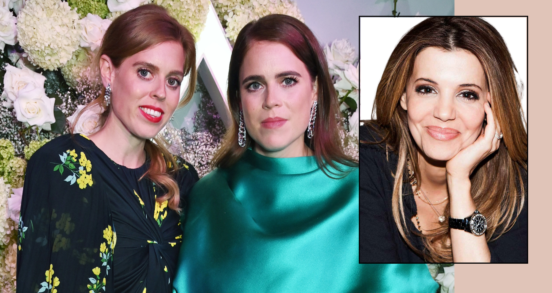 An image of Princess Beatrice and Eugenie next to a cut out picture of Linda Papadopoulos