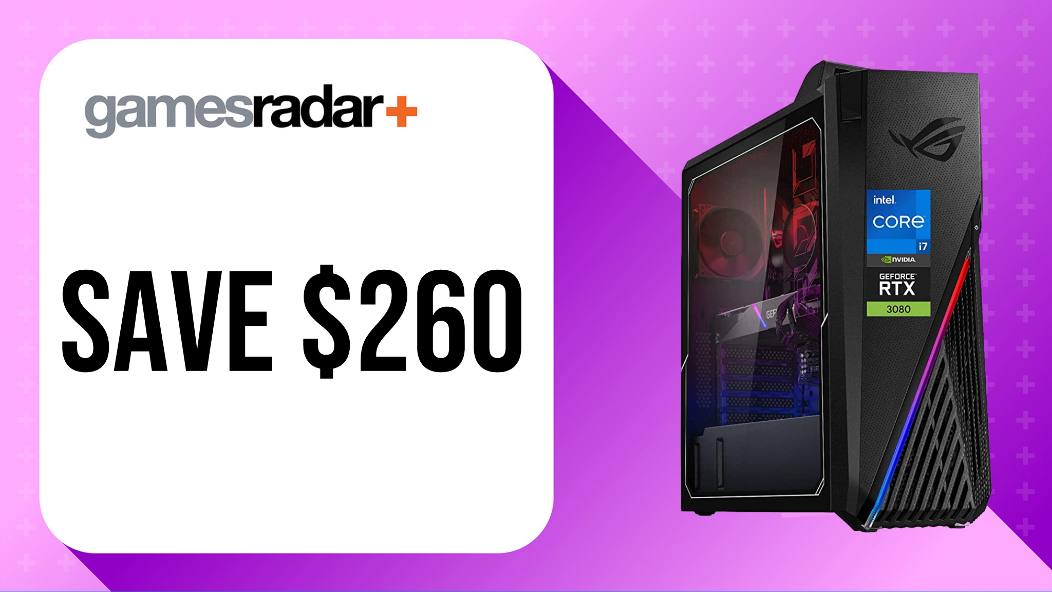 ASUS ROG Strix Gaming Desktop deal image with $260 saving stamp and purple background