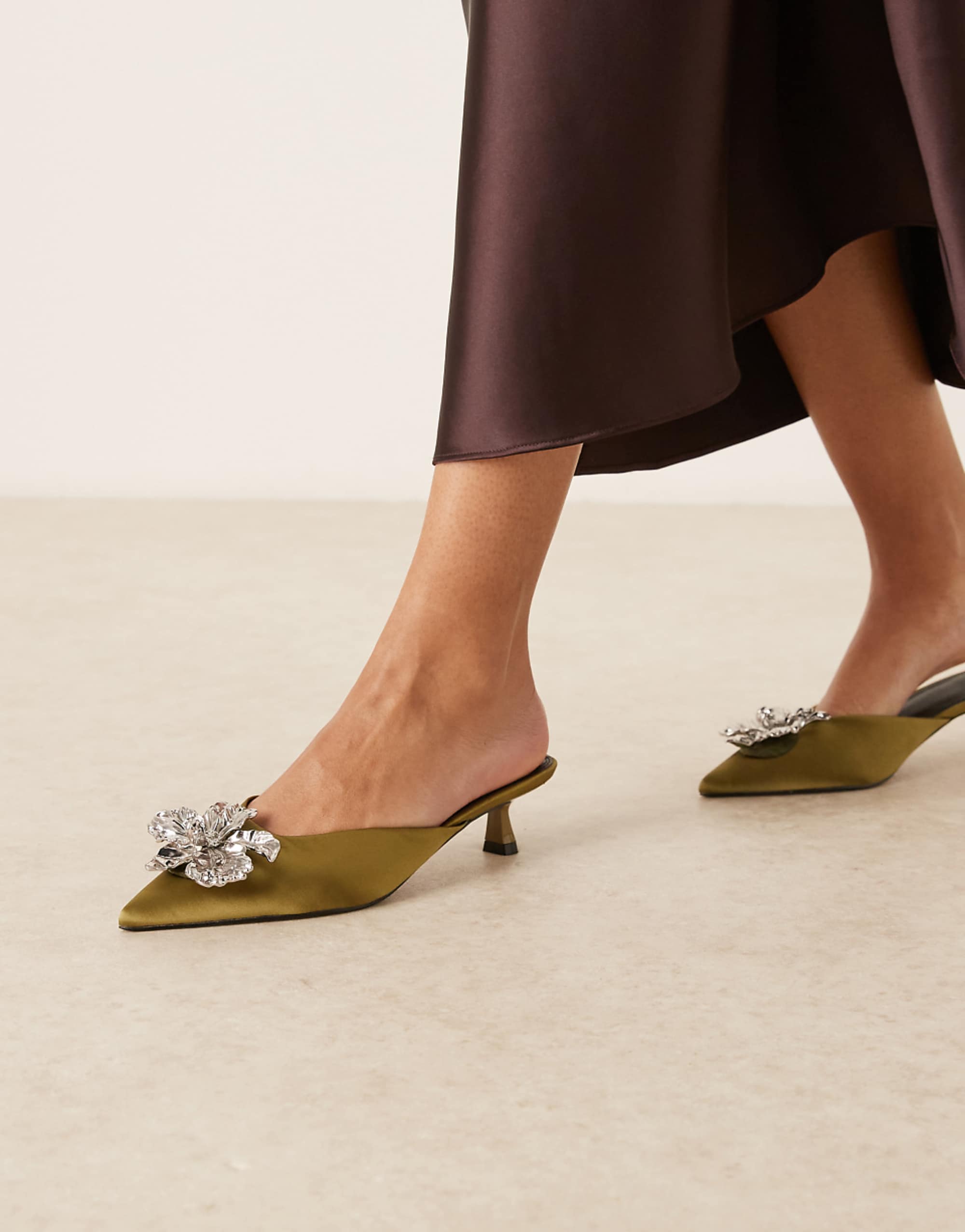Asos Design Savvy Flower Detail Mid Heel Mules in Olive Satin